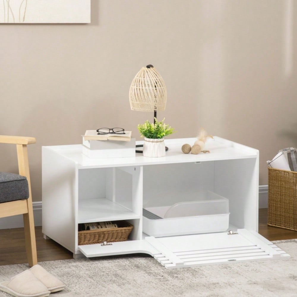 PawHut 2-in-1 Katzenschrank mit 2 Regalen & Magnettür | Moderner Katzenmöbel mit Regalsystem | Aufbewahrungsschrank in Weiß, platzsparendes Design