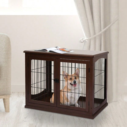 PawHut Hundebox mit 2 Eingängen & Sicherheitsschloss | Transportbox aus MDF & Metall | Abschließbarer Hundekäfig, 58,4x81,3x66 cm, Braun