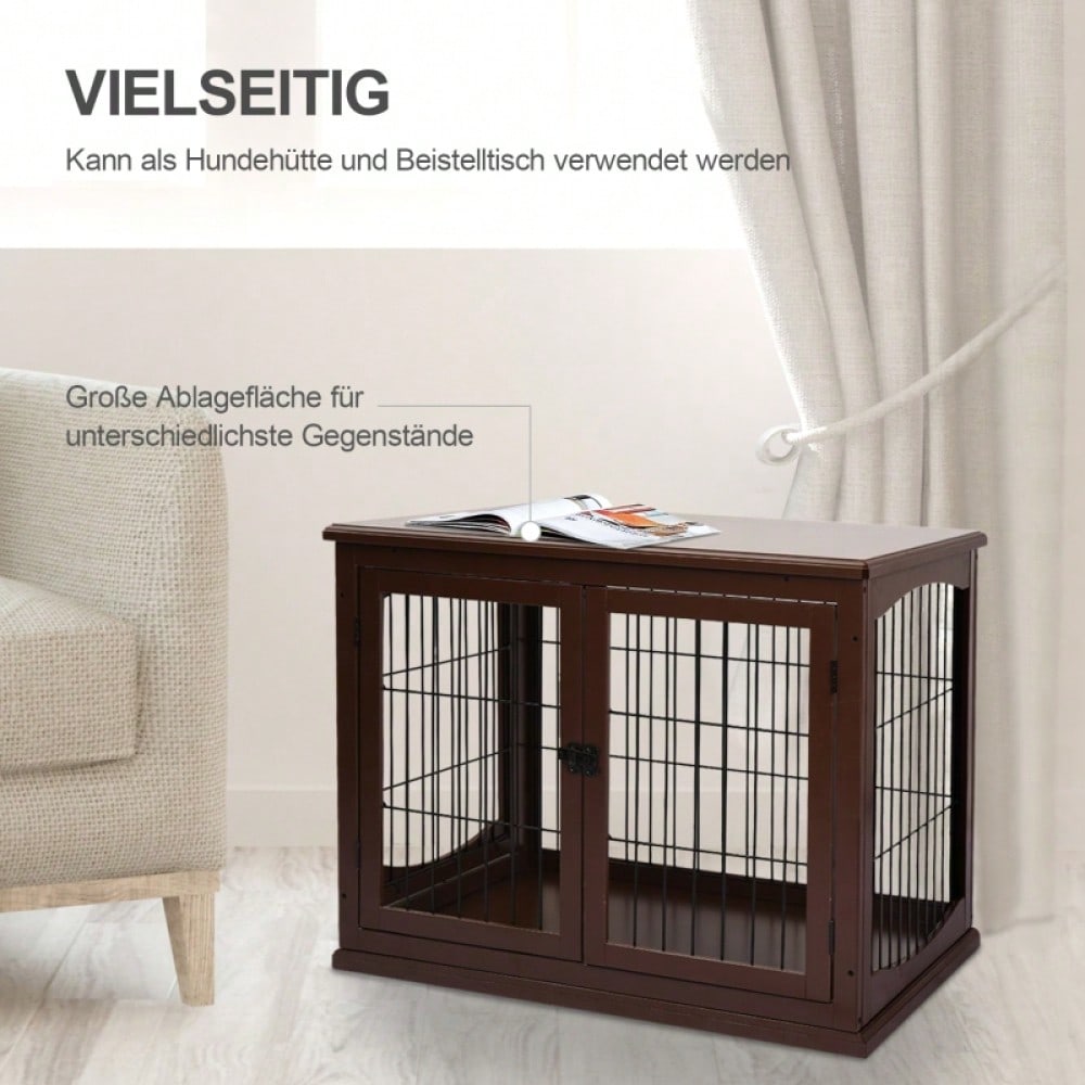 PawHut Hundebox mit 2 Eingängen & Sicherheitsschloss | Transportbox aus MDF & Metall | Abschließbarer Hundekäfig, 58,4x81,3x66 cm, Braun
