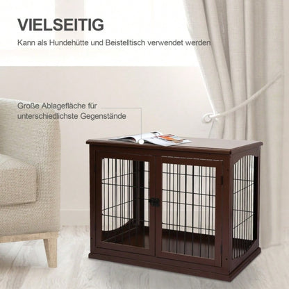 PawHut Hundebox mit 2 Eingängen & Sicherheitsschloss | Transportbox aus MDF & Metall | Abschließbarer Hundekäfig, 58,4x81,3x66 cm, Braun