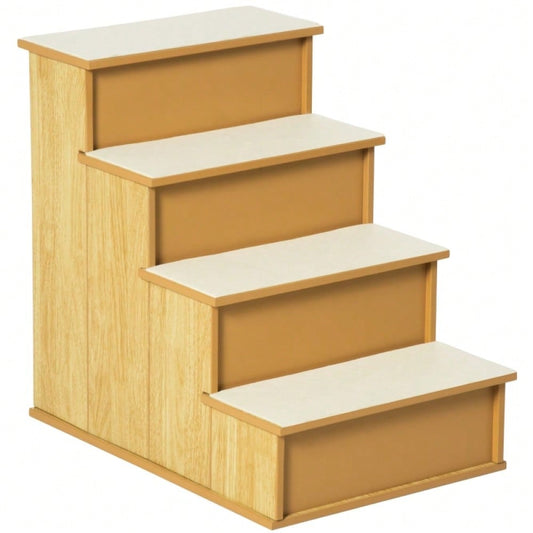 PawHut 4-stufige Haustiertreppe für Hunde & Katzen bis 30 kg | Mit weichem Kurzplüsch & rutschfesten Stufen | Trittsicher, 40x59x54,2 cm, Natur