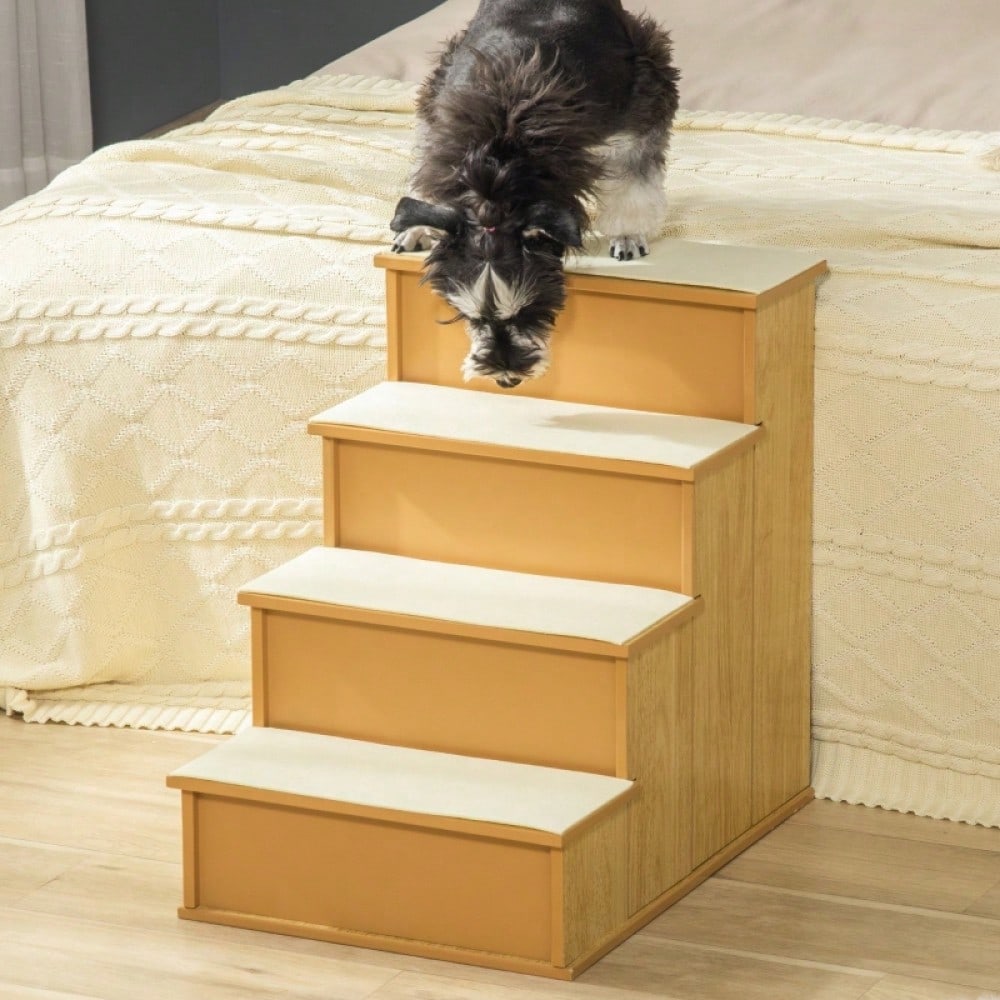 PawHut 4-stufige Haustiertreppe für Hunde & Katzen bis 30 kg | Mit weichem Kurzplüsch & rutschfesten Stufen | Trittsicher, 40x59x54,2 cm, Natur