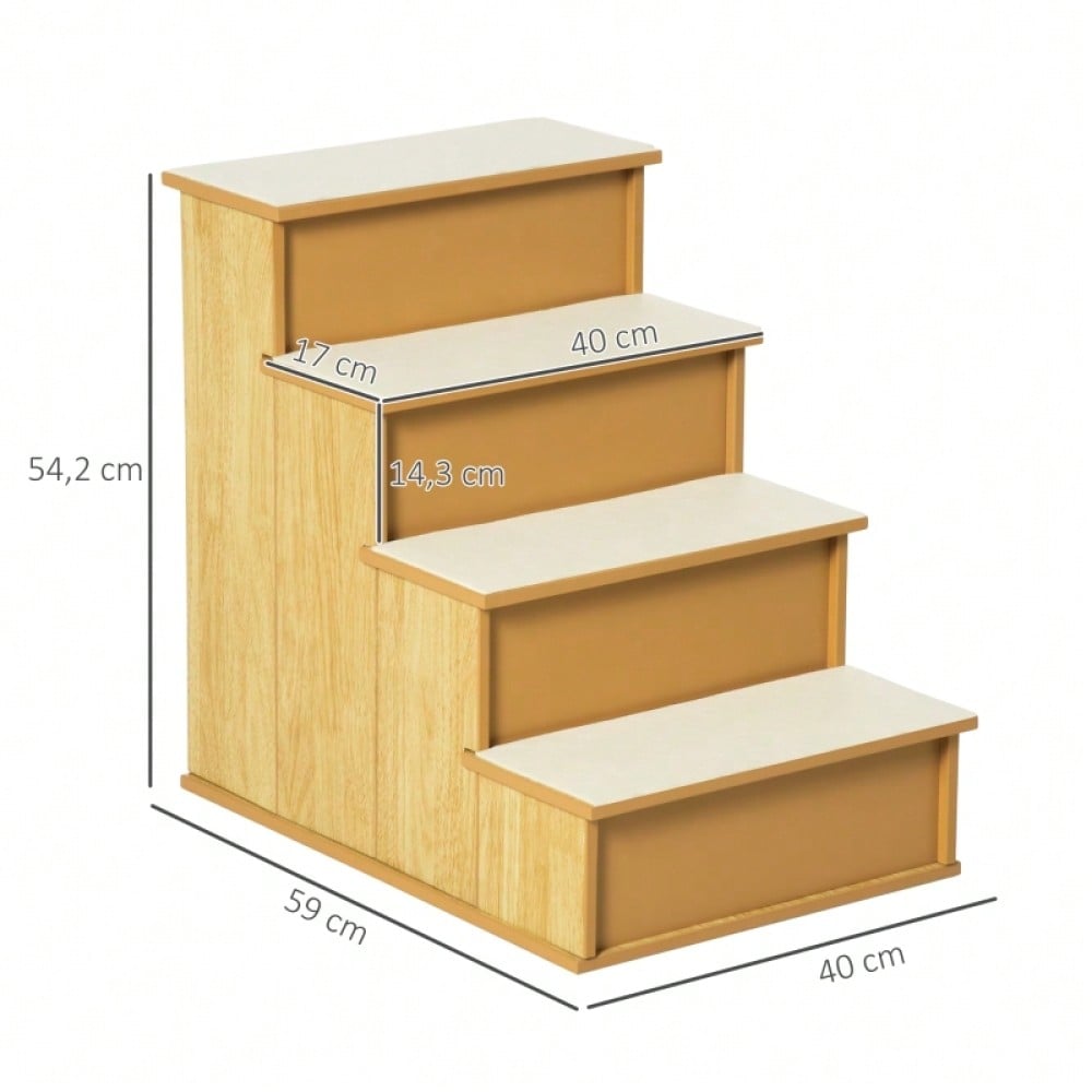 PawHut 4-stufige Haustiertreppe für Hunde & Katzen bis 30 kg | Mit weichem Kurzplüsch & rutschfesten Stufen | Trittsicher, 40x59x54,2 cm, Natur