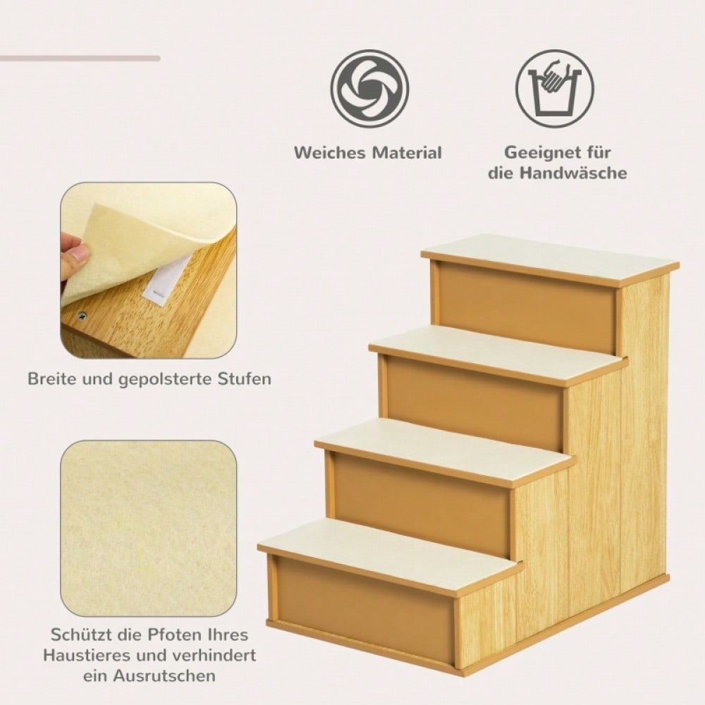 PawHut 4-stufige Haustiertreppe für Hunde & Katzen bis 30 kg | Mit weichem Kurzplüsch & rutschfesten Stufen | Trittsicher, 40x59x54,2 cm, Natur