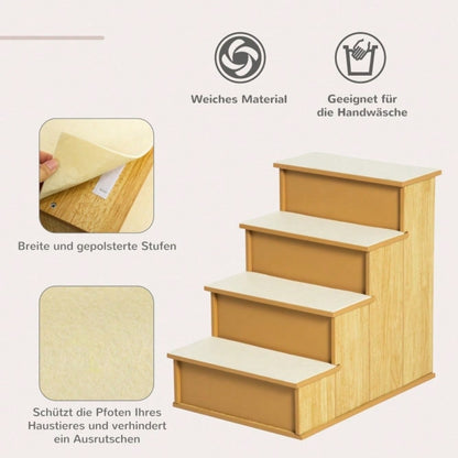 PawHut 4-stufige Haustiertreppe für Hunde & Katzen bis 30 kg | Mit weichem Kurzplüsch & rutschfesten Stufen | Trittsicher, 40x59x54,2 cm, Natur