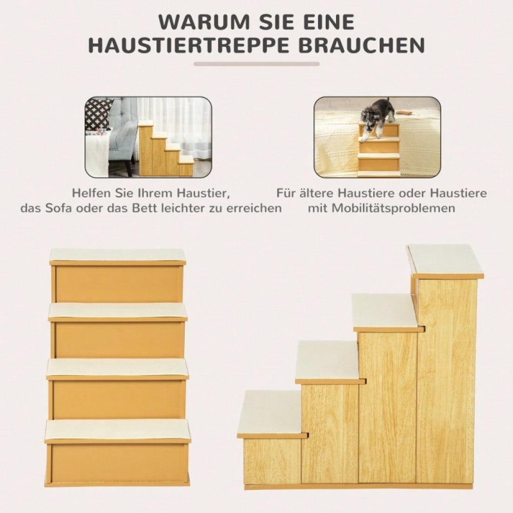 PawHut 4-stufige Haustiertreppe für Hunde & Katzen bis 30 kg | Mit weichem Kurzplüsch & rutschfesten Stufen | Trittsicher, 40x59x54,2 cm, Natur