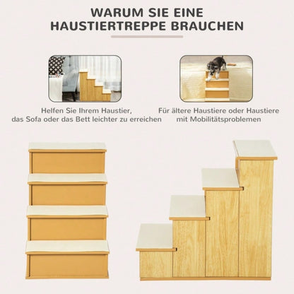 PawHut 4-stufige Haustiertreppe für Hunde & Katzen bis 30 kg | Mit weichem Kurzplüsch & rutschfesten Stufen | Trittsicher, 40x59x54,2 cm, Natur
