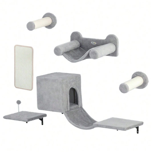 Kletterwand Set für Katzen 6-teilig mit Katzenhaus, Hängematte & Kratzbrett - Kletterregal mit Plattform bis 5 kg, grau - Katzenmöbel Wandmontage von PawHut