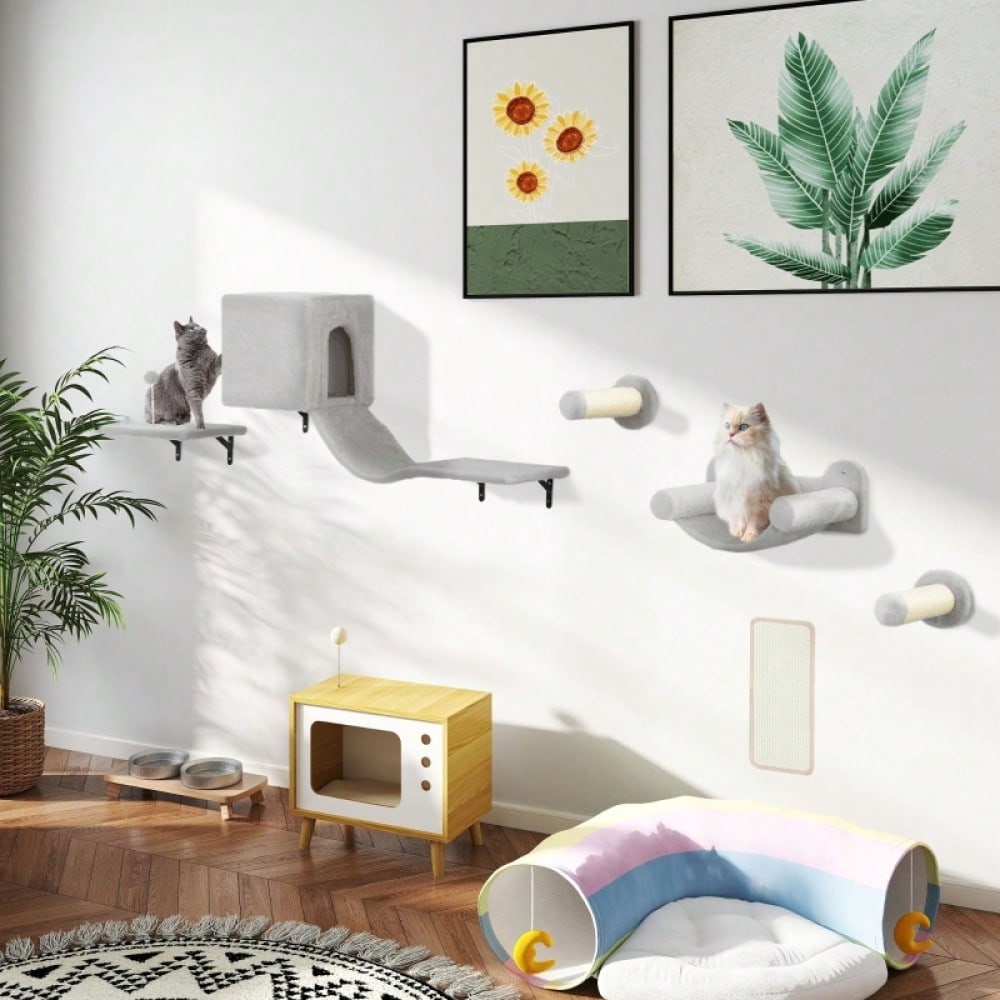 Kletterwand Set für Katzen 6-teilig mit Katzenhaus, Hängematte & Kratzbrett - Kletterregal mit Plattform bis 5 kg, grau - Katzenmöbel Wandmontage von PawHut
