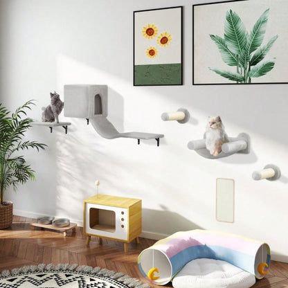 Kletterwand Set für Katzen 6-teilig mit Katzenhaus, Hängematte & Kratzbrett - Kletterregal mit Plattform bis 5 kg, grau - Katzenmöbel Wandmontage von PawHut