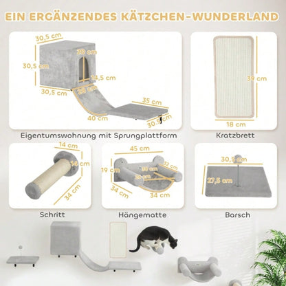Kletterwand Set für Katzen 6-teilig mit Katzenhaus, Hängematte & Kratzbrett - Kletterregal mit Plattform bis 5 kg, grau - Katzenmöbel Wandmontage von PawHut