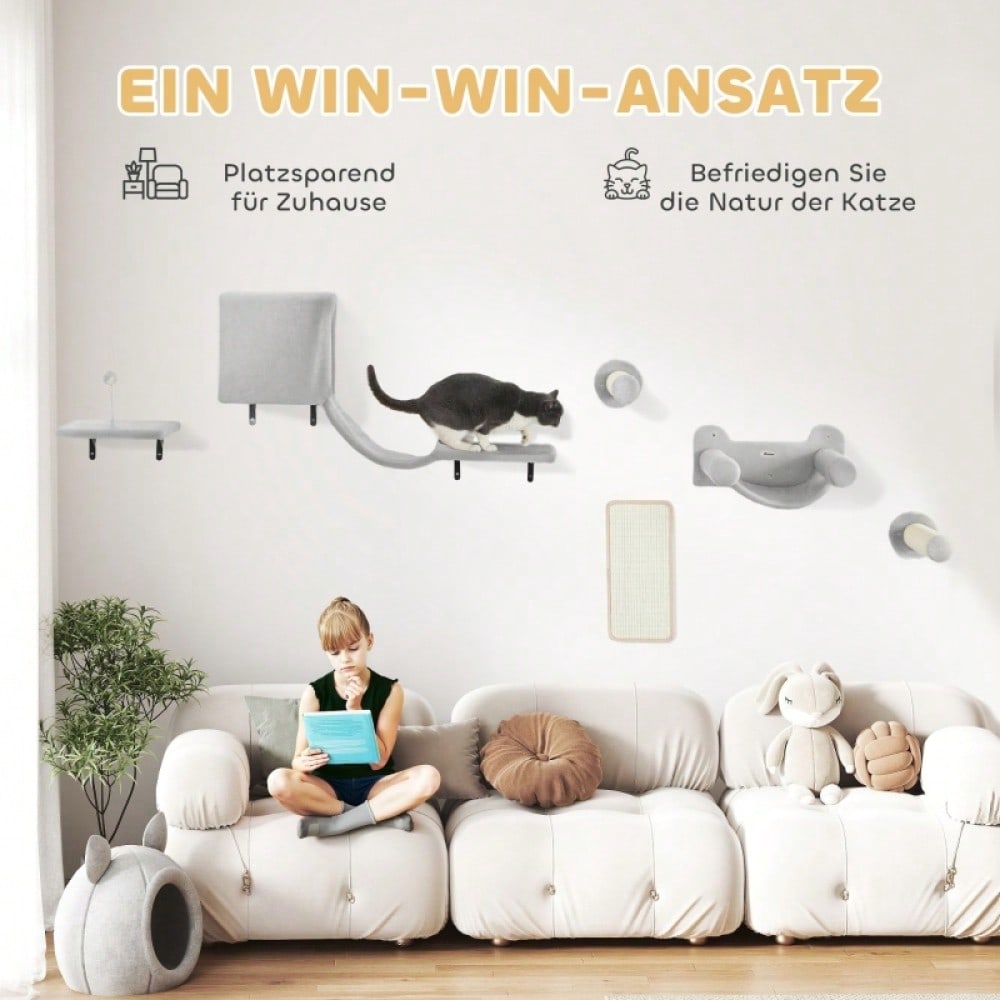 Kletterwand Set für Katzen 6-teilig mit Katzenhaus, Hängematte & Kratzbrett - Kletterregal mit Plattform bis 5 kg, grau - Katzenmöbel Wandmontage von PawHut