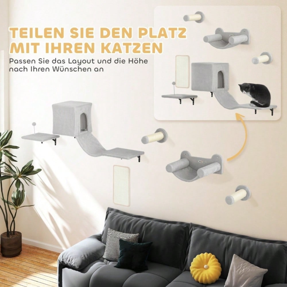 Kletterwand Set für Katzen 6-teilig mit Katzenhaus, Hängematte & Kratzbrett - Kletterregal mit Plattform bis 5 kg, grau - Katzenmöbel Wandmontage von PawHut
