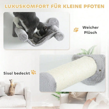 Kletterwand Set für Katzen 6-teilig mit Katzenhaus, Hängematte & Kratzbrett - Kletterregal mit Plattform bis 5 kg, grau - Katzenmöbel Wandmontage von PawHut