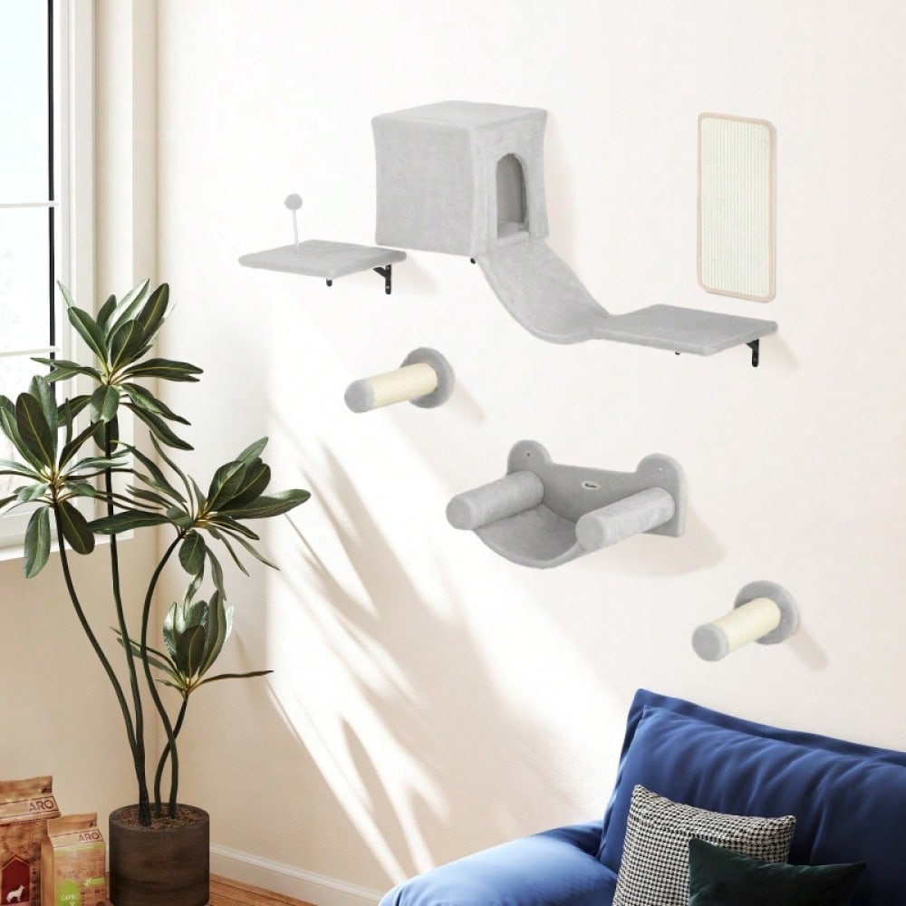 Kletterwand Set für Katzen 6-teilig mit Katzenhaus, Hängematte & Kratzbrett - Kletterregal mit Plattform bis 5 kg, grau - Katzenmöbel Wandmontage von PawHut