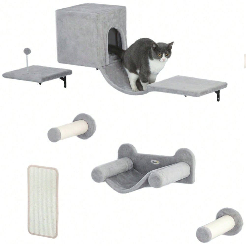 Kletterwand Set für Katzen 6-teilig mit Katzenhaus, Hängematte & Kratzbrett - Kletterregal mit Plattform bis 5 kg, grau - Katzenmöbel Wandmontage von PawHut