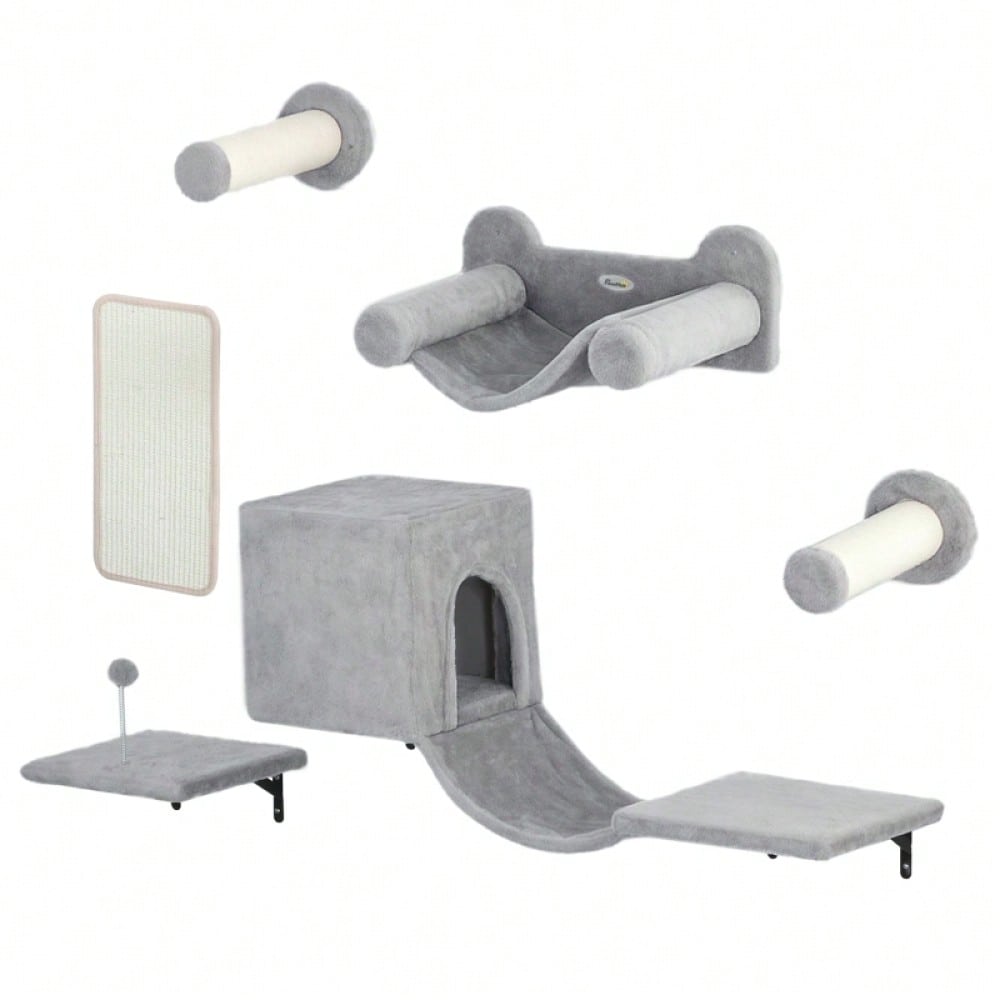 Kletterwand Set für Katzen 6-teilig mit Katzenhaus, Hängematte & Kratzbrett - Kletterregal mit Plattform bis 5 kg, grau - Katzenmöbel Wandmontage von PawHut