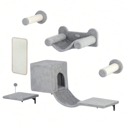 Kletterwand Set für Katzen 6-teilig mit Katzenhaus, Hängematte & Kratzbrett - Kletterregal mit Plattform bis 5 kg, grau - Katzenmöbel Wandmontage von PawHut
