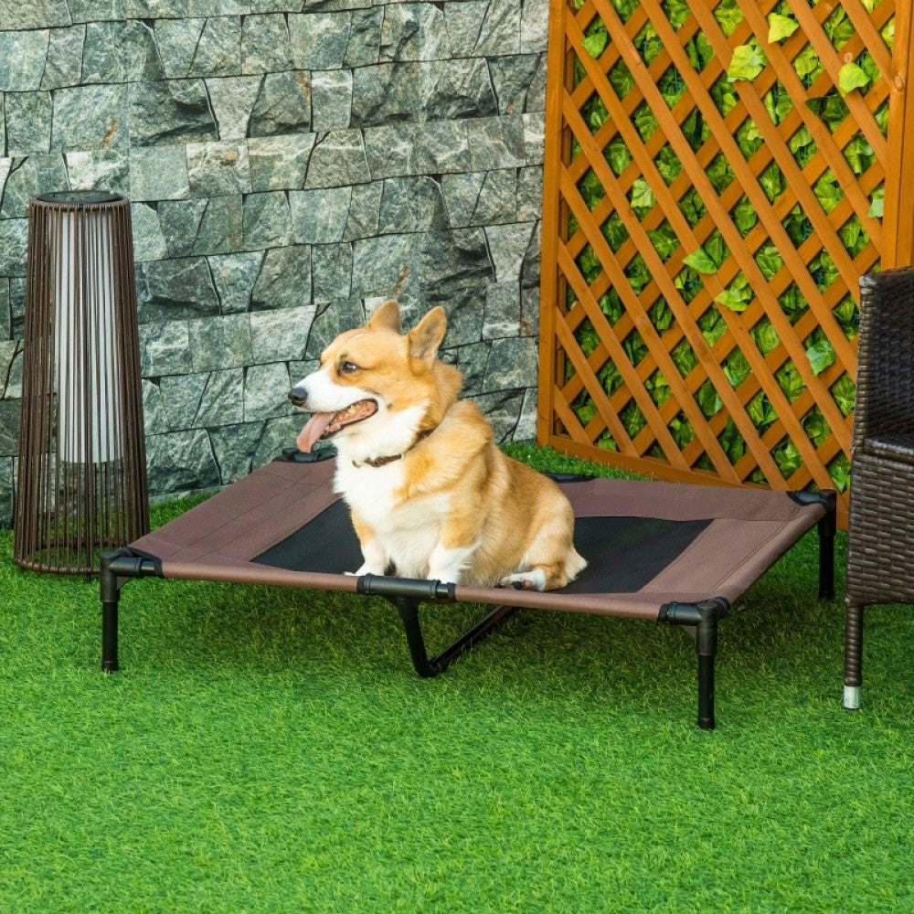 Hundebett Outdoor für große Hunde: Erhöhte, kühlende Hundeliege mit Metallrahmen & atmungsaktivem Mesh, 92x76x18 cm, braun - Garten Hundekorb von PawHut