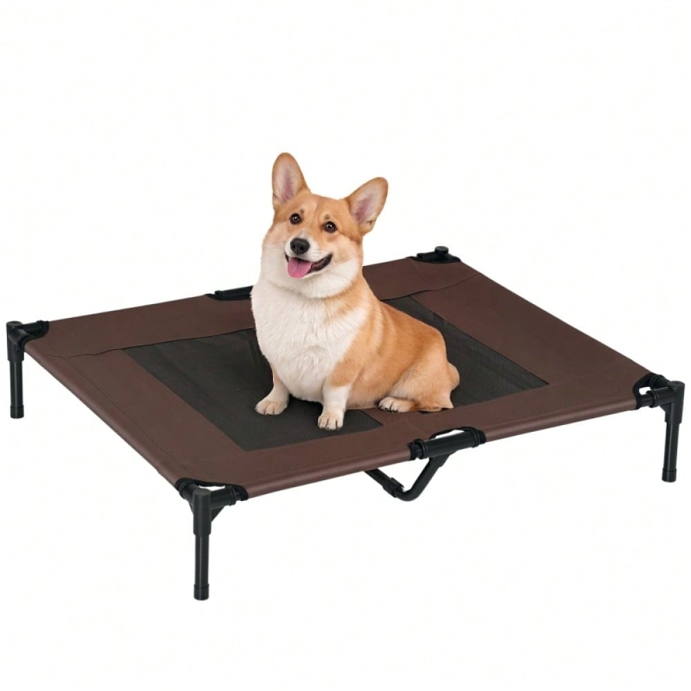 Hundebett Outdoor für große Hunde: Erhöhte, kühlende Hundeliege mit Metallrahmen & atmungsaktivem Mesh, 92x76x18 cm, braun - Garten Hundekorb von PawHut