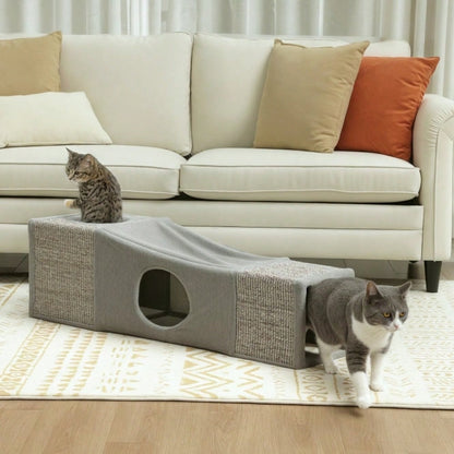 Katzentunnel mit Spielball & Katzenhöhle: Faltbarer Spieltunnel aus Sisal mit Kombi-Design, 98x30x30 cm, braun/grau - Katzenspielzeug von PawHut