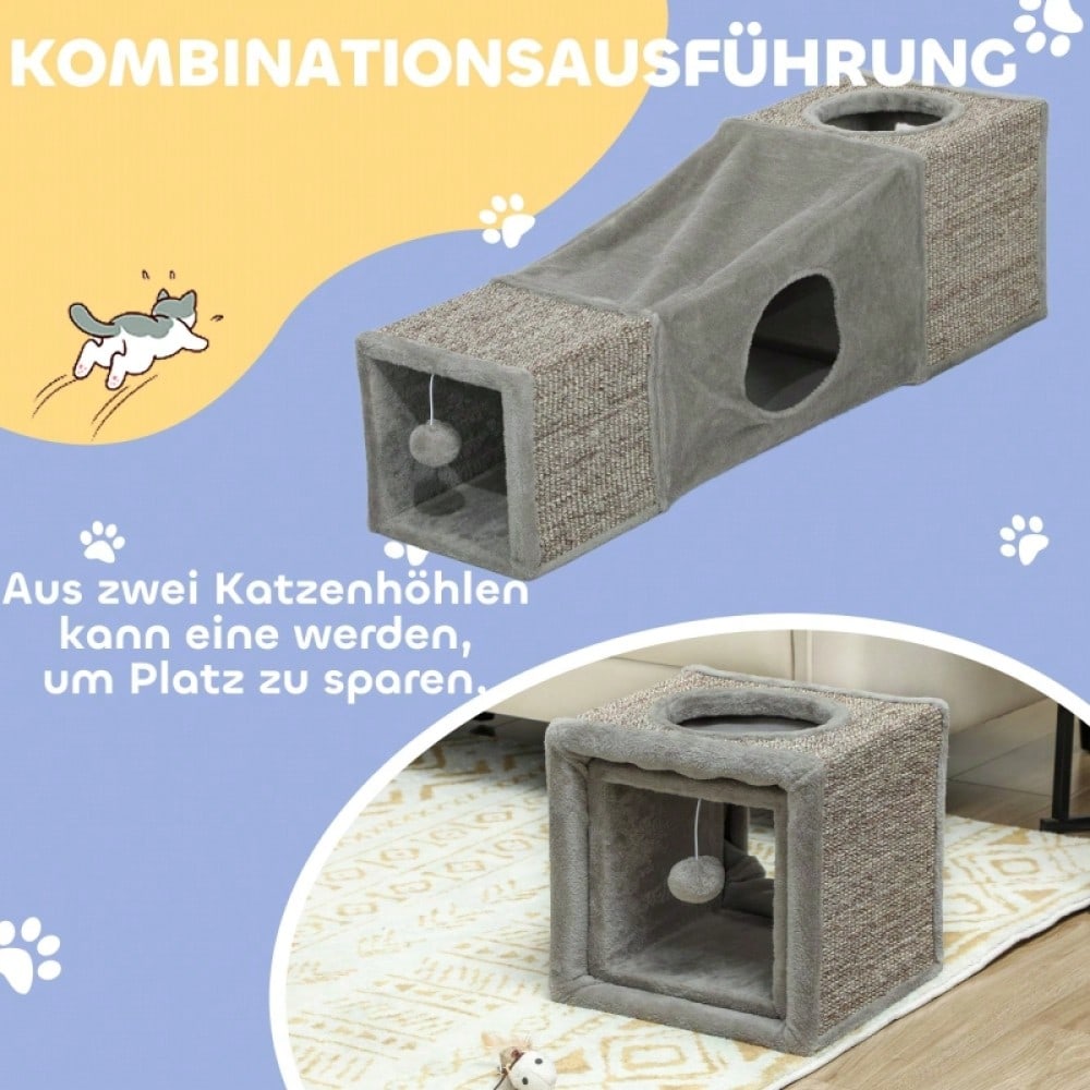 Katzentunnel mit Spielball & Katzenhöhle: Faltbarer Spieltunnel aus Sisal mit Kombi-Design, 98x30x30 cm, braun/grau - Katzenspielzeug von PawHut