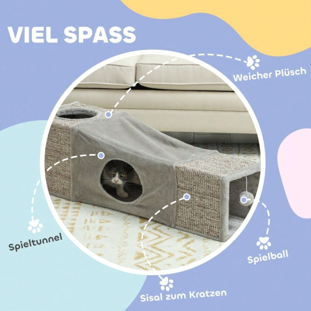 Katzentunnel mit Spielball & Katzenhöhle: Faltbarer Spieltunnel aus Sisal mit Kombi-Design, 98x30x30 cm, braun/grau - Katzenspielzeug von PawHut