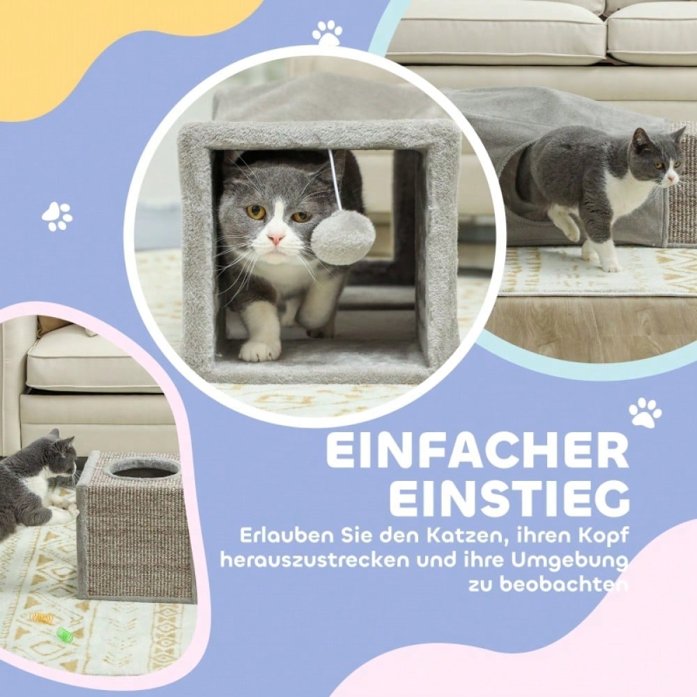 Katzentunnel mit Spielball & Katzenhöhle: Faltbarer Spieltunnel aus Sisal mit Kombi-Design, 98x30x30 cm, braun/grau - Katzenspielzeug von PawHut