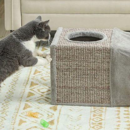 Katzentunnel mit Spielball & Katzenhöhle: Faltbarer Spieltunnel aus Sisal mit Kombi-Design, 98x30x30 cm, braun/grau - Katzenspielzeug von PawHut