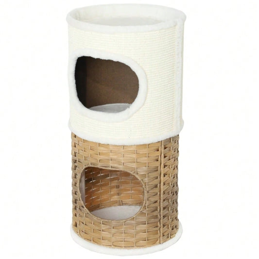Kratztonne für Katzen mit Höhle, 80 cm hoch: Dreistöckige Katzentonne mit weichem Plüschrand für mittelgroße Katzen, Ø 40 cm, creme/braun - von PawHut