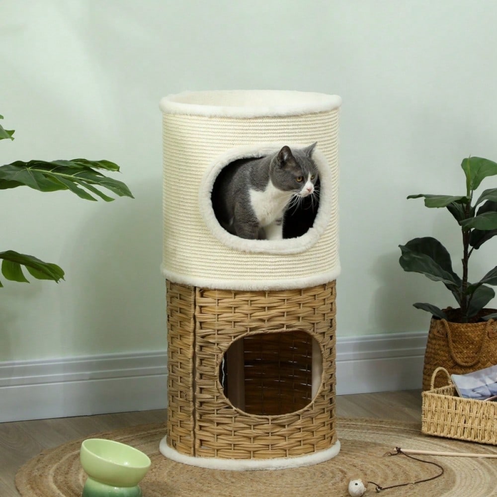 Kratztonne für Katzen mit Höhle, 80 cm hoch: Dreistöckige Katzentonne mit weichem Plüschrand für mittelgroße Katzen, Ø 40 cm, creme/braun - von PawHut