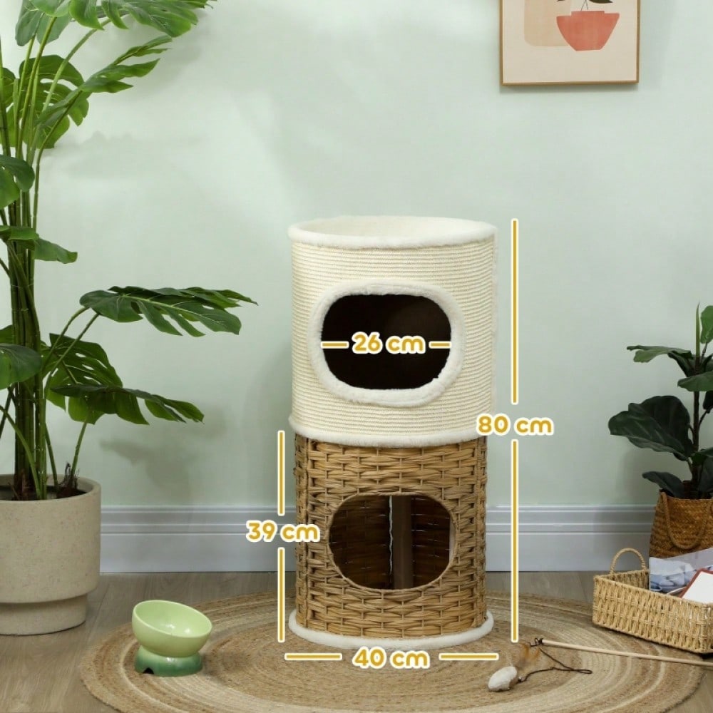 Kratztonne für Katzen mit Höhle, 80 cm hoch: Dreistöckige Katzentonne mit weichem Plüschrand für mittelgroße Katzen, Ø 40 cm, creme/braun - von PawHut