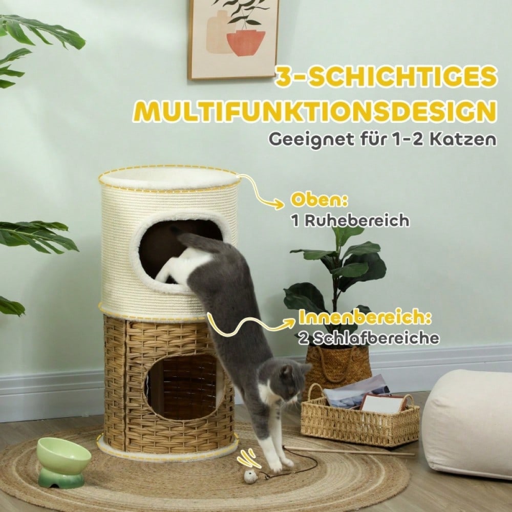 Kratztonne für Katzen mit Höhle, 80 cm hoch: Dreistöckige Katzentonne mit weichem Plüschrand für mittelgroße Katzen, Ø 40 cm, creme/braun - von PawHut