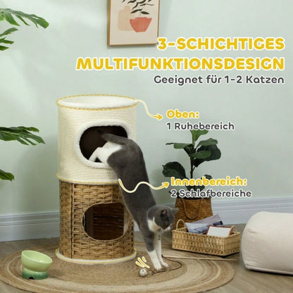 Kratztonne für Katzen mit Höhle, 80 cm hoch: Dreistöckige Katzentonne mit weichem Plüschrand für mittelgroße Katzen, Ø 40 cm, creme/braun - von PawHut