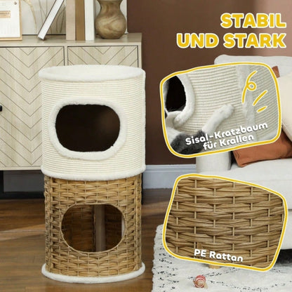 Kratztonne für Katzen mit Höhle, 80 cm hoch: Dreistöckige Katzentonne mit weichem Plüschrand für mittelgroße Katzen, Ø 40 cm, creme/braun - von PawHut