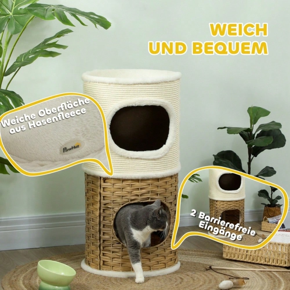 Kratztonne für Katzen mit Höhle, 80 cm hoch: Dreistöckige Katzentonne mit weichem Plüschrand für mittelgroße Katzen, Ø 40 cm, creme/braun - von PawHut