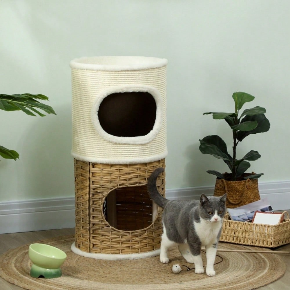 Kratztonne für Katzen mit Höhle, 80 cm hoch: Dreistöckige Katzentonne mit weichem Plüschrand für mittelgroße Katzen, Ø 40 cm, creme/braun - von PawHut