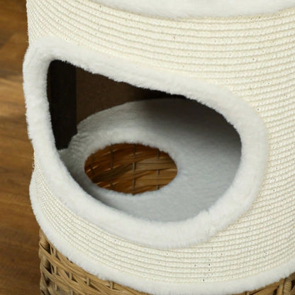 Kratztonne für Katzen mit Höhle, 80 cm hoch: Dreistöckige Katzentonne mit weichem Plüschrand für mittelgroße Katzen, Ø 40 cm, creme/braun - von PawHut