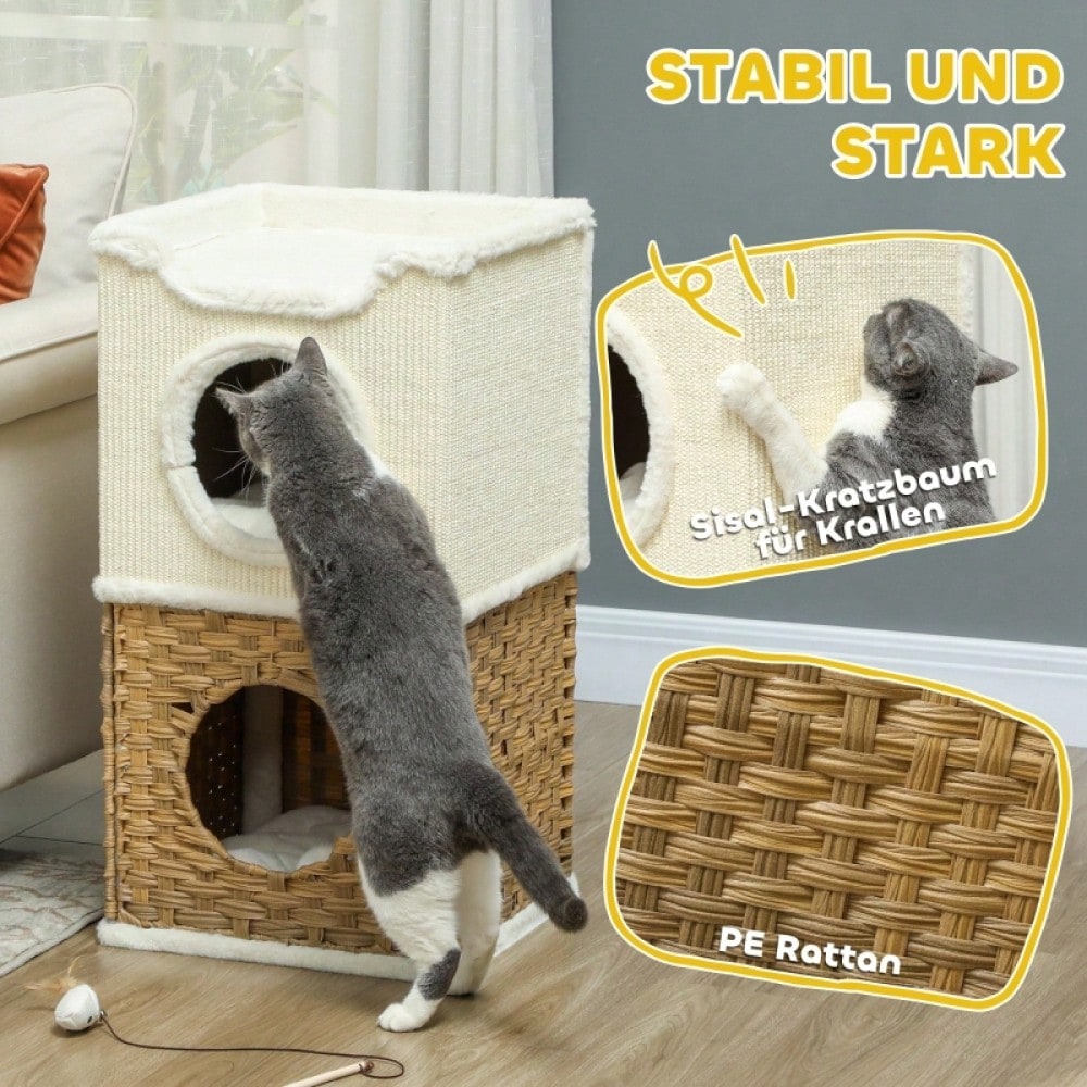 Kratztonne für Katzen mit Höhle & Kissen, 75.5 cm hoch: Dreistöckige Katzentonne mit weichem Plüschrand für mittelgroße Katzen, cremeweiß - von PawHut