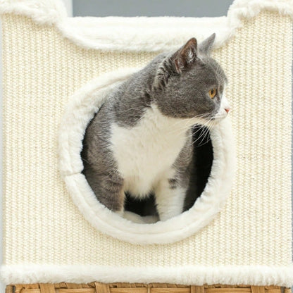 Kratztonne für Katzen mit Höhle & Kissen, 75.5 cm hoch: Dreistöckige Katzentonne mit weichem Plüschrand für mittelgroße Katzen, cremeweiß - von PawHut