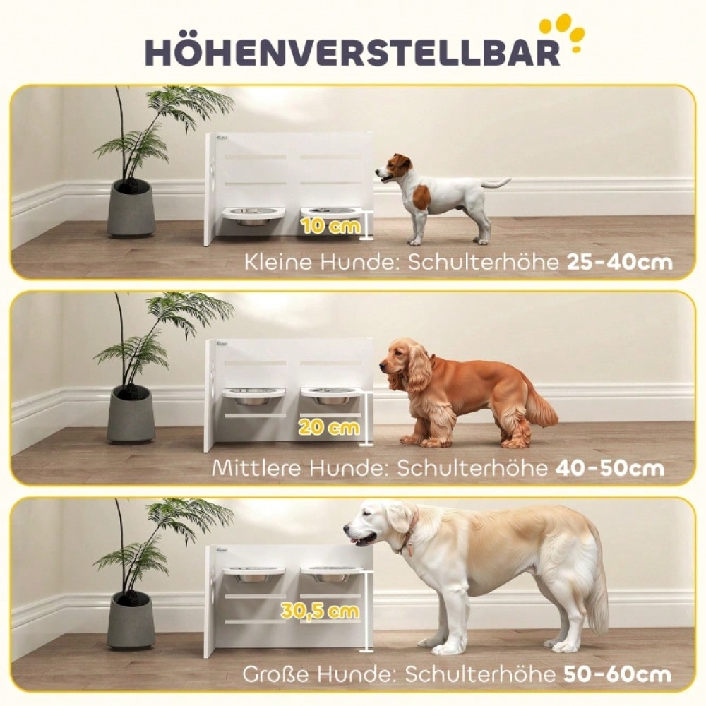 Höhenverstellbarer Hundenapf mit 2 Edelstahlschüsseln: 3-stufig verstellbarer Futternapf für große Hunde inkl. Anti-Schling-Matte, weiß - von PawHut