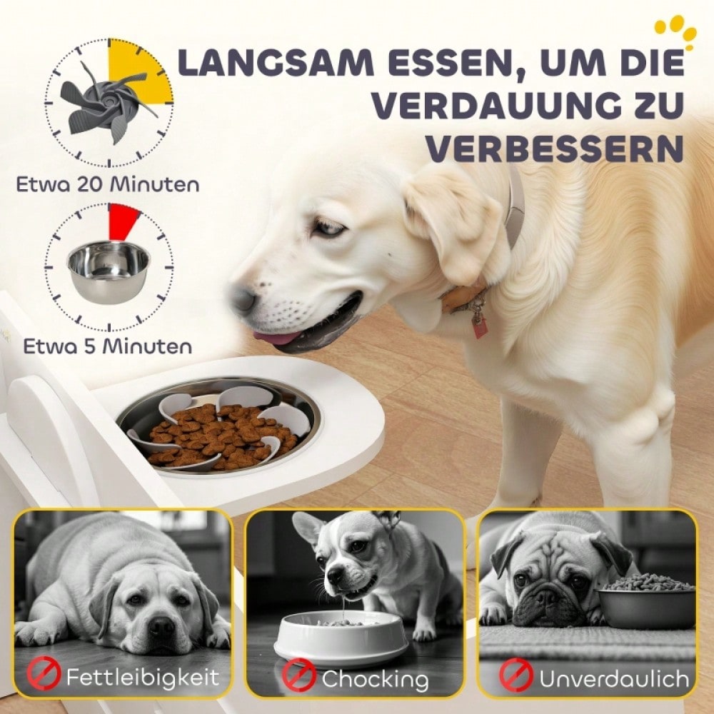 Höhenverstellbarer Hundenapf mit 2 Edelstahlschüsseln: 3-stufig verstellbarer Futternapf für große Hunde inkl. Anti-Schling-Matte, weiß - von PawHut