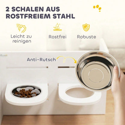 Höhenverstellbarer Hundenapf mit 2 Edelstahlschüsseln: 3-stufig verstellbarer Futternapf für große Hunde inkl. Anti-Schling-Matte, weiß - von PawHut
