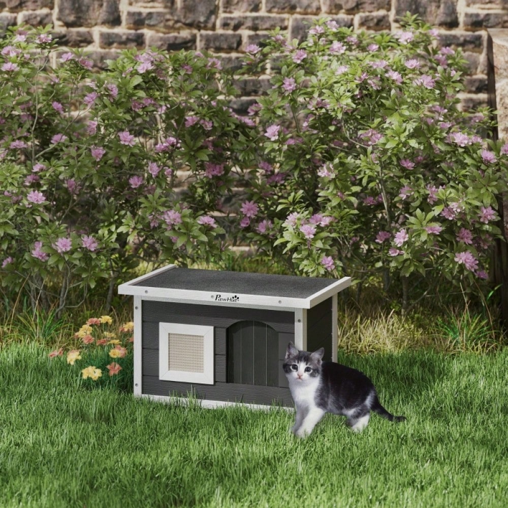 Katzenhaus aus Holz für Indoor & Outdoor: Wetterfeste Katzenhütte mit Klappdach, Kratzmatte, Türklappe und herausnehmbarem Boden, 61x45x36.5 cm, grau - von PawHut