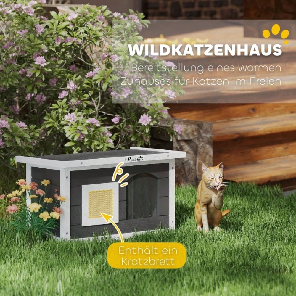 Katzenhaus aus Holz für Indoor & Outdoor: Wetterfeste Katzenhütte mit Klappdach, Kratzmatte, Türklappe und herausnehmbarem Boden, 61x45x36.5 cm, grau - von PawHut