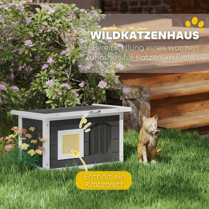 Katzenhaus aus Holz für Indoor & Outdoor: Wetterfeste Katzenhütte mit Klappdach, Kratzmatte, Türklappe und herausnehmbarem Boden, 61x45x36.5 cm, grau - von PawHut