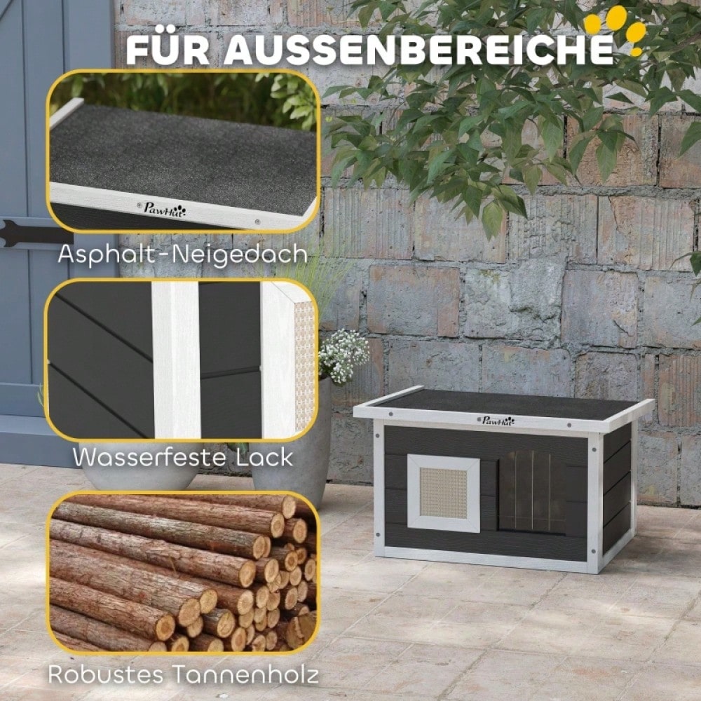Katzenhaus aus Holz für Indoor & Outdoor: Wetterfeste Katzenhütte mit Klappdach, Kratzmatte, Türklappe und herausnehmbarem Boden, 61x45x36.5 cm, grau - von PawHut