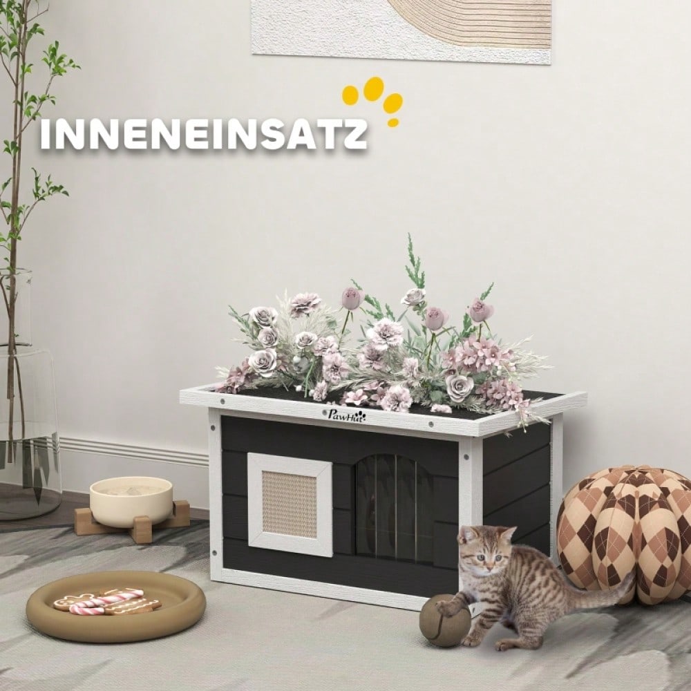 Katzenhaus aus Holz für Indoor & Outdoor: Wetterfeste Katzenhütte mit Klappdach, Kratzmatte, Türklappe und herausnehmbarem Boden, 61x45x36.5 cm, grau - von PawHut
