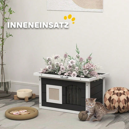 Katzenhaus aus Holz für Indoor & Outdoor: Wetterfeste Katzenhütte mit Klappdach, Kratzmatte, Türklappe und herausnehmbarem Boden, 61x45x36.5 cm, grau - von PawHut