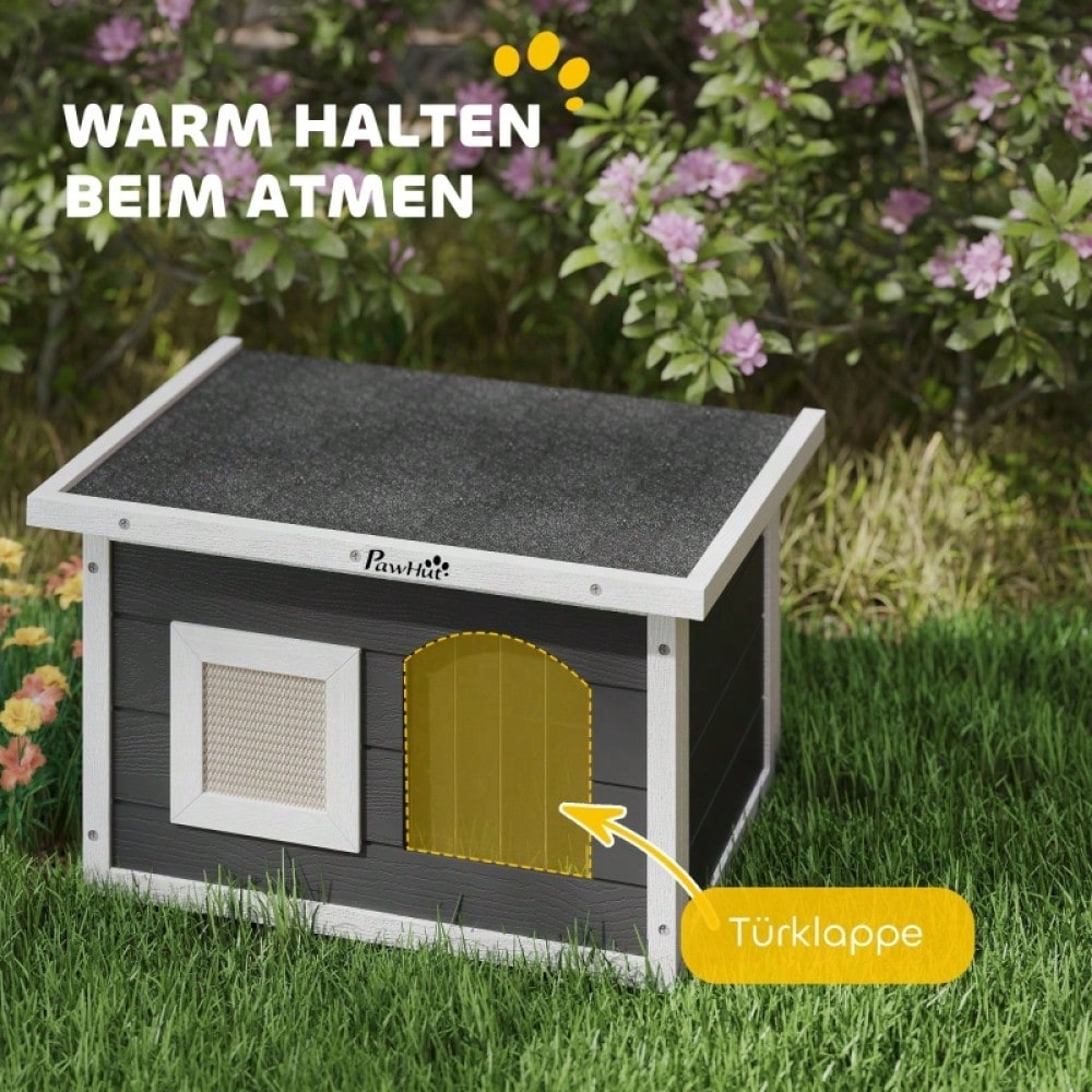 Katzenhaus aus Holz für Indoor & Outdoor: Wetterfeste Katzenhütte mit Klappdach, Kratzmatte, Türklappe und herausnehmbarem Boden, 61x45x36.5 cm, grau - von PawHut